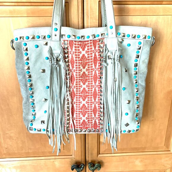Free People Boho Leather & Suede Studded Tassel Tote – Turquoise & Rust Embroide - Picture 7 of 10